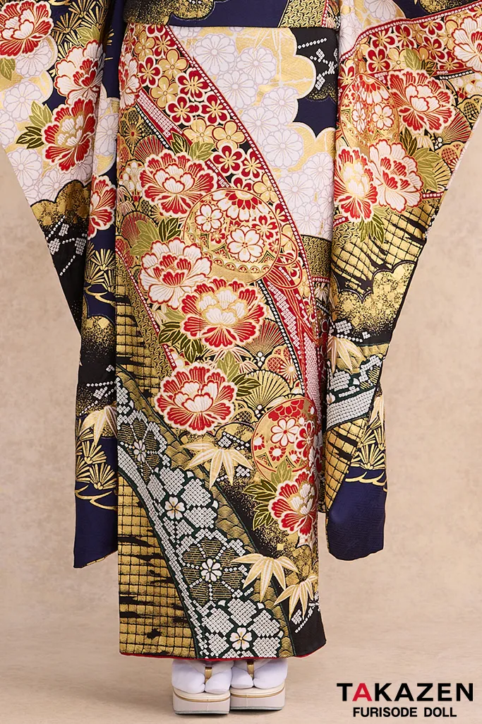 最高級古典柄振袖 滝泰/最高級金彩刺繍絞り友禅 紺色/ネイビー 牡丹柄