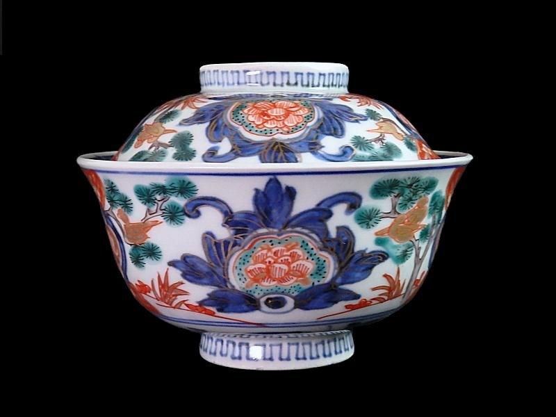 古伊万里 金襴手 鳳凰に赤玉唐草の図 大振蓋茶碗 AS-CXo 古伊万里 金襴