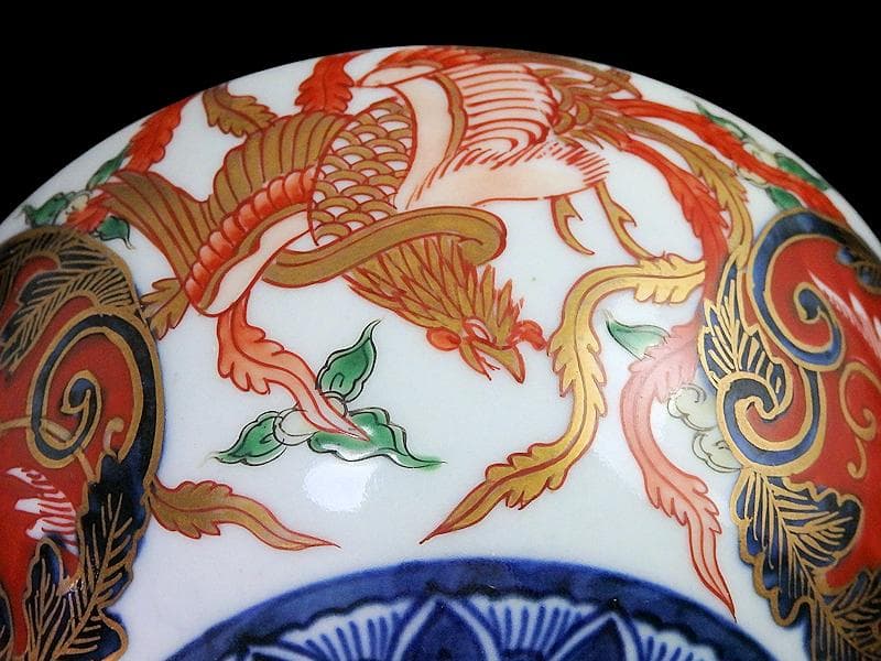 古伊万里 金襴手 鳳凰に赤玉唐草の図 大振蓋茶碗 AS-CXo