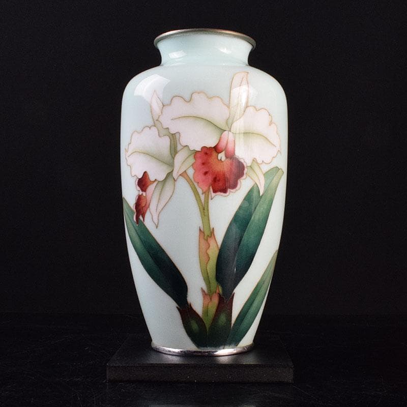 七宝焼 安藤七宝店 花文 花瓶 唐木台 時代箱付 M R9165